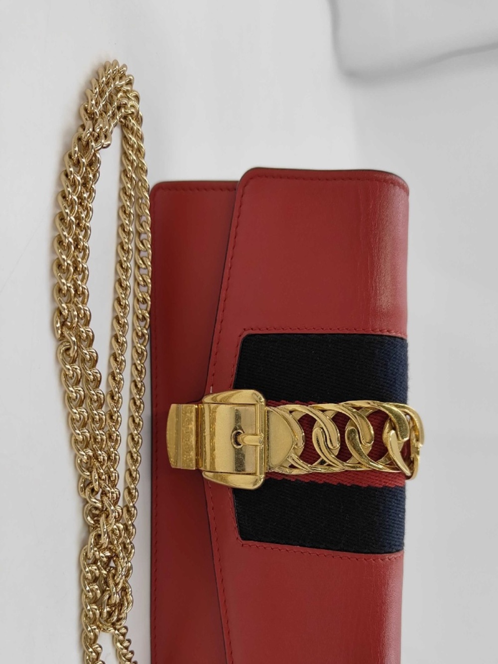 Gucci Sylvie Red Leather Web Stripe Chain Wallet on Chain
